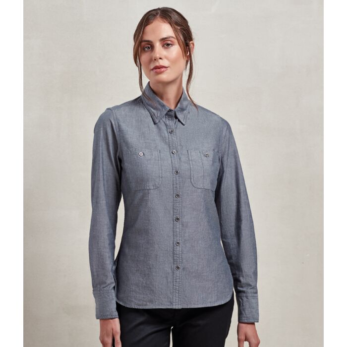Premier Ladies Organic Fairtrade Long Sleeve Chambray Shirt Thumbnail