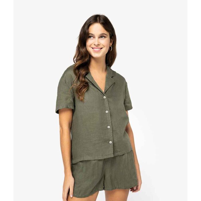 Spasso Ladies Short Sleeve Linen Bowling Collar Shirt Thumbnail