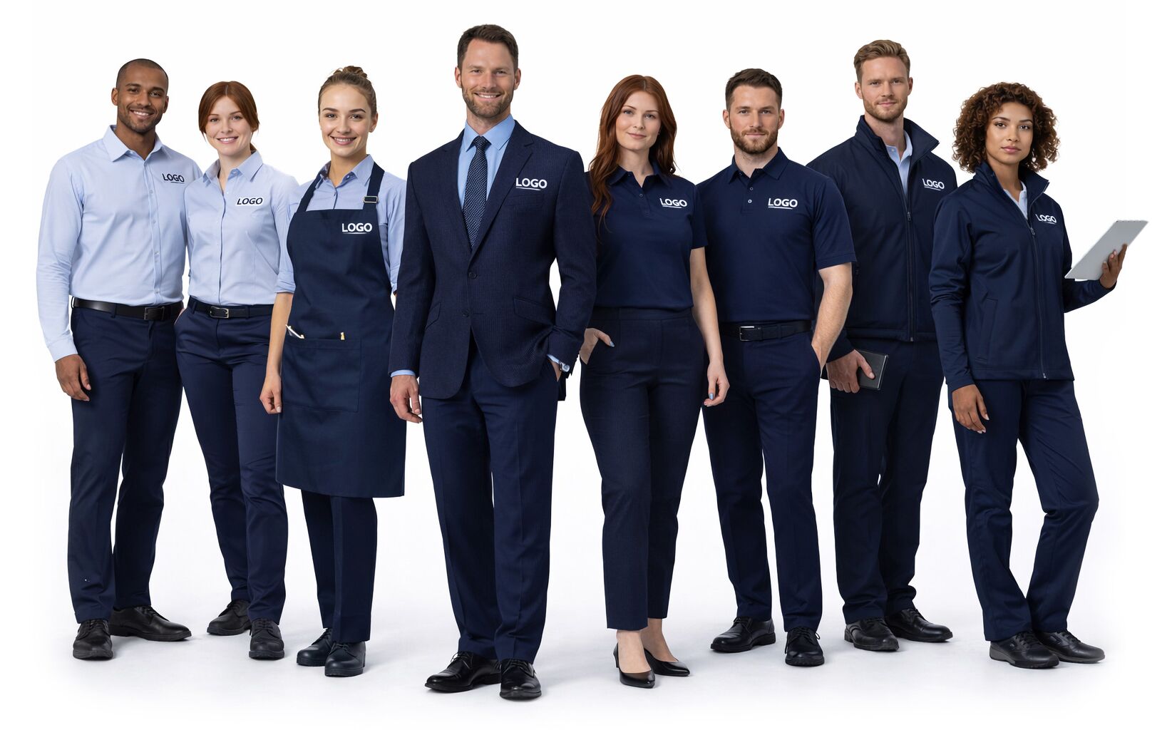 Group of staff wearing coordinated branded uniforms, including aprons, polos, shirts and outerwear, representing hospitality and corporate teams