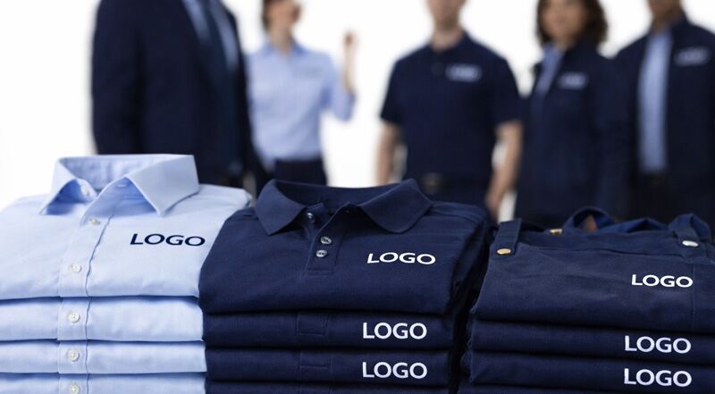 Stacks of branded uniform garments including embroidered shirts, polo shirts and aprons, showing consistent logo placement for multi-buy uniform deals