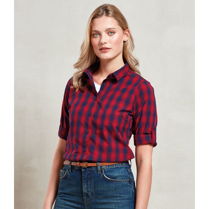 Ladies Mulligan Check Mandarin Collar Long Sleeve Shirt Thumbnail